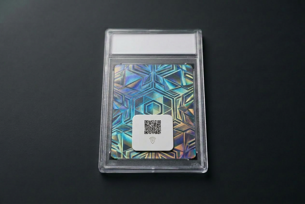 FindTag GPS sticker applied to trading cards